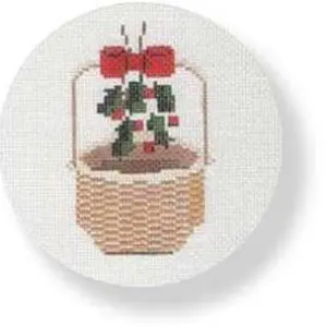 Nantucket Basket Ornament-Holly on Handle-4.5" Round-18 Mesh