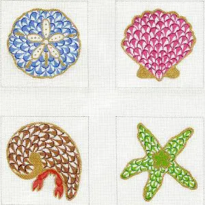 Fishnet Shells and Sealife Coasters - set of 4  4" - 18 Mesh