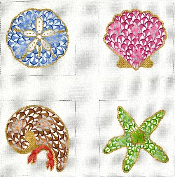 Fishnet Shells and Sealife Coasters - set of 4  4" - 18 Mesh