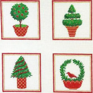 Christmas Topiaries Coasters - set of 4  4" - 18 Mesh