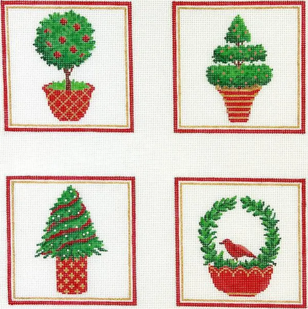 Christmas Topiaries Coasters - set of 4  4" - 18 Mesh