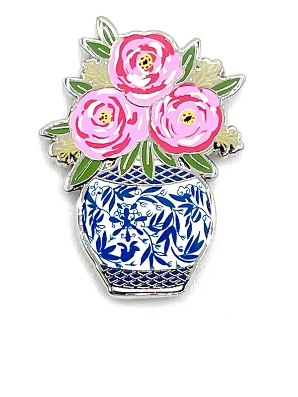 Pink Flowers in Blue Vase- 1 1/8" x 1 5/8"