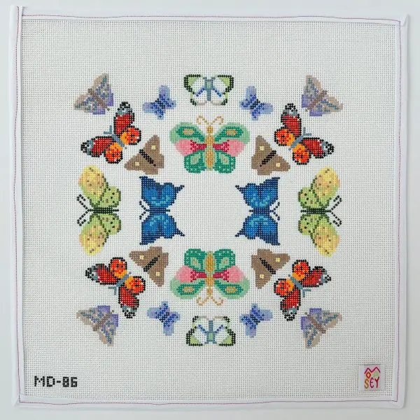 Butterfly Mandala, 10 x 10" stitch painted area, 13 Mesh