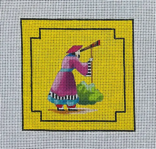 Figure with Spyglass Coaster - Yellow Background - 4" Square- 18 Mesh