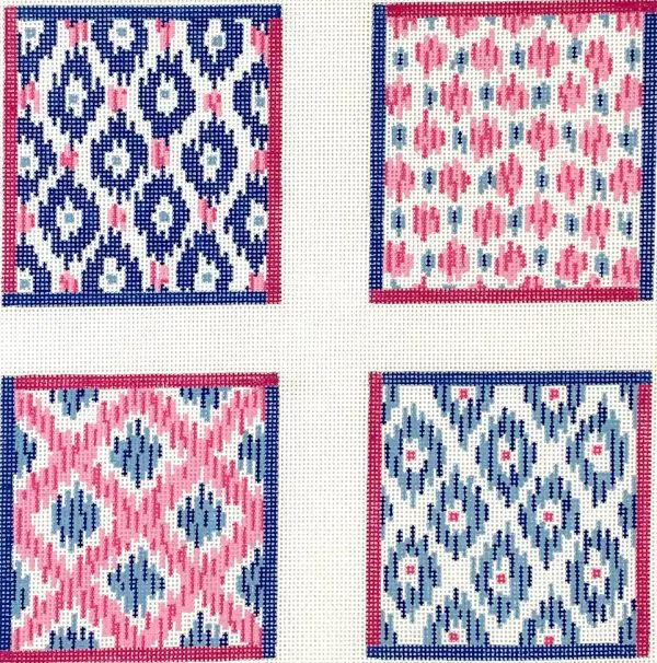 Pink & Blue Ikat Coasters - set of 4 4" - 18 Mesh