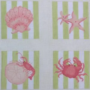 Coral and Lime Cabana Seashell Coasters - set of 4 4" - 18 Mesh