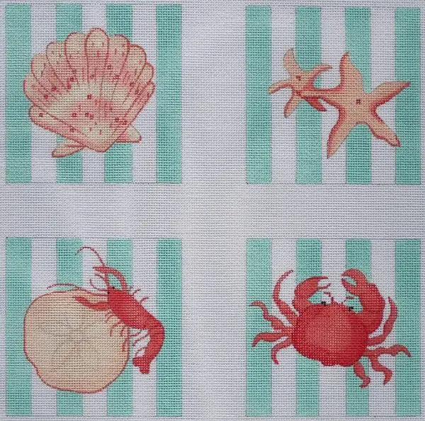 Coral and Aqua Cabana Seashell Coasters - set of 4 4" - 18 Mesh