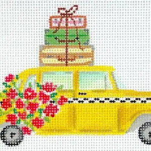 NYC Taxi Cab with Flowers and Suitcases 4.75 x 3" - 18 Mesh