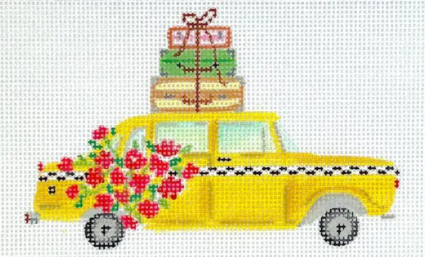 NYC Taxi Cab with Flowers and Suitcases 4.75 x 3" - 18 Mesh