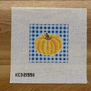 Pumpkin On Blue Gingham 4" Square 13 Mesh