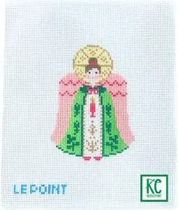 Christmas Village Green & Coral Angel 3.5" x 5” - 13 mesh