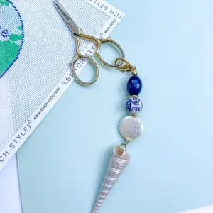MOLLYBEADS Scissor Fob- Blue & White with Spiral Shell