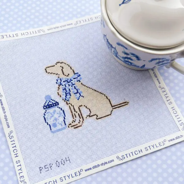 Dog with Ginger Jar and Blue Bow- 18 Mesh