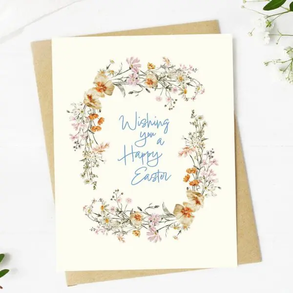 "Wishing you a happy Easter" Floral Wreath Card