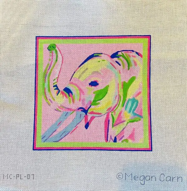 Pink Elephant Multi on Bright Pink- 6 5/8" square - 18 Mesh