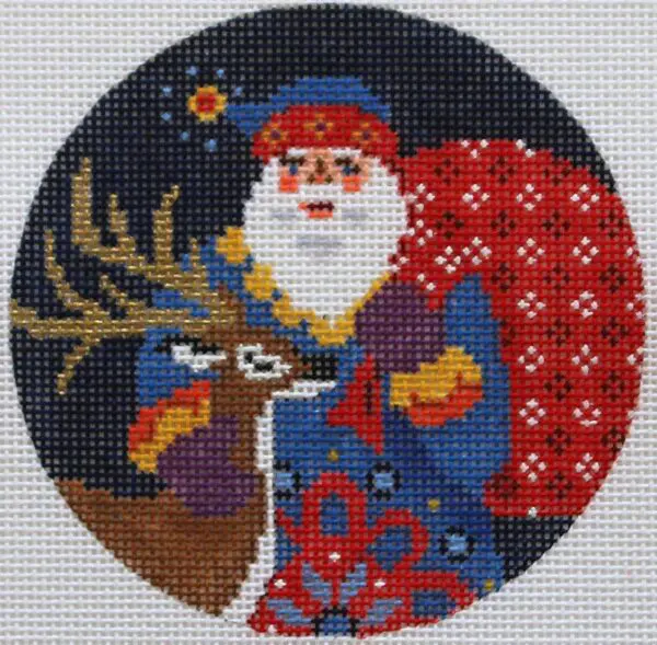 AC 094-Jacobean Santa with Deer- 4" Round- 18 Mesh