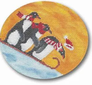 Penguins Sledding-5" x 4 1/2" Oval - 18 mesh