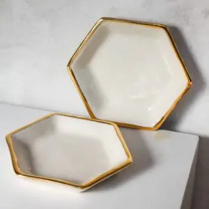 White Hexagon Ring Dish | Handmade Pottery with Gold
