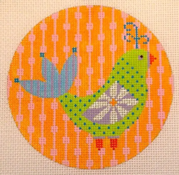 Green Bird on Orange-18 Mesh