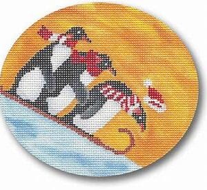 Penguins Sledding-5" x 4 1/2" Oval - 18 mesh